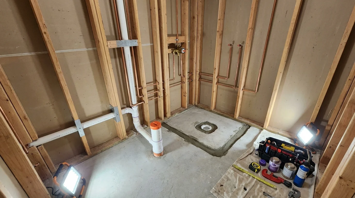 Bathroom rough-in plumbing during remodel by Johns Plumbing LLC in Mohnton